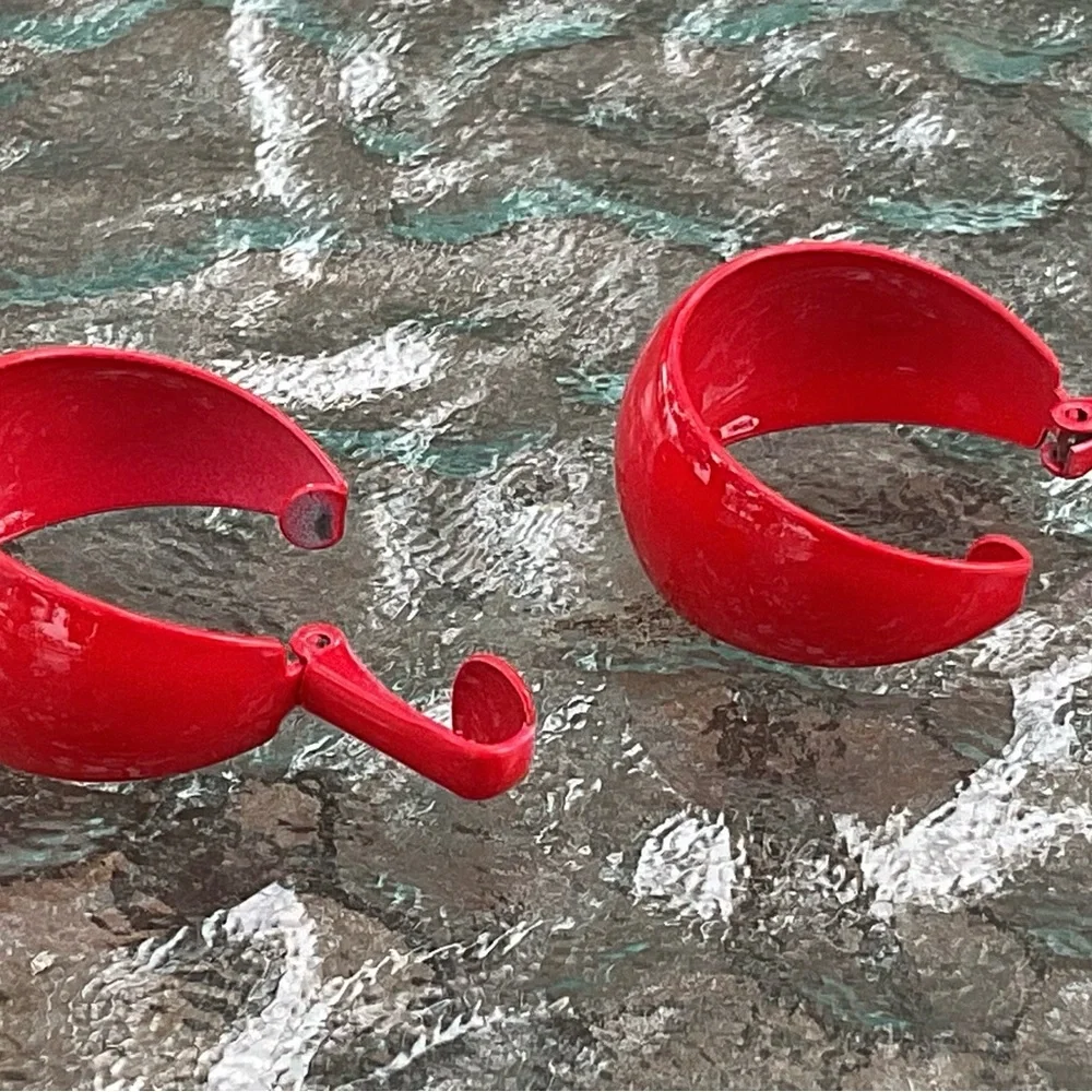 Red Hoop Clip Earrings Metal lightweight 1” diameter